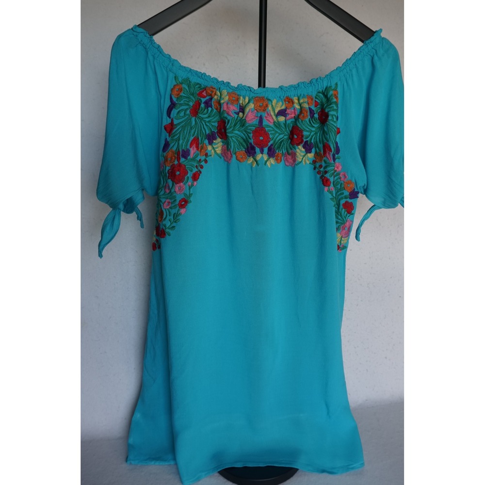 Jodifl Turquoise Floral Embroidered Off Shoulder Mini Dress B1769 Teal Blue L